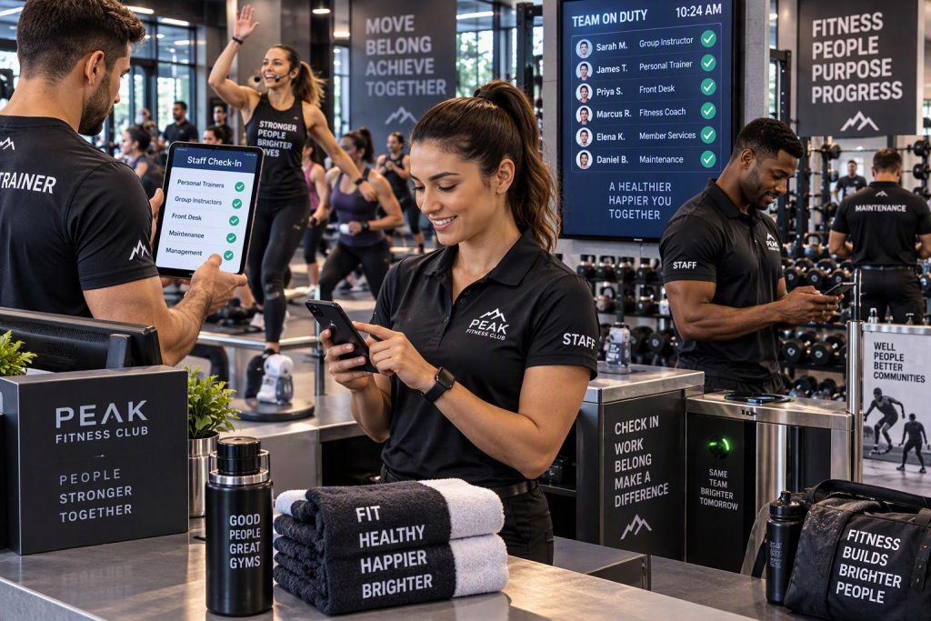 Modern fitness center with instructors, trainers and staff using mobile app for attendance tracking